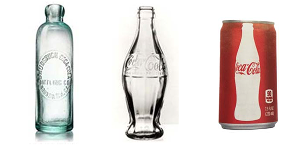 Слева: оригинальная бутылка Кока-Колы. В середине: победивший в конкурсе дизайн, основанный на стручке какао. Справа: дизайн бутылки был настолько популярным, что его даже стали печатать на жестяных банках.