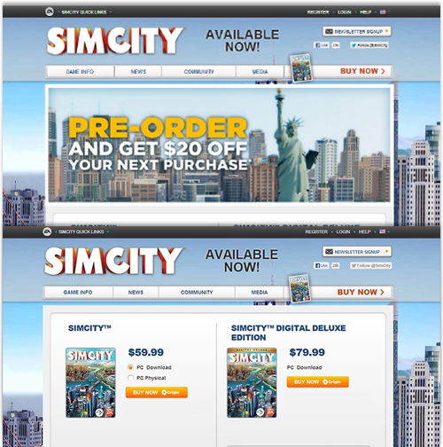 Для запуска Sim City 5, EA экспериментировали со страницей заказа и показали, как альтернативный дизайн может увеличить конверсию на 43%.