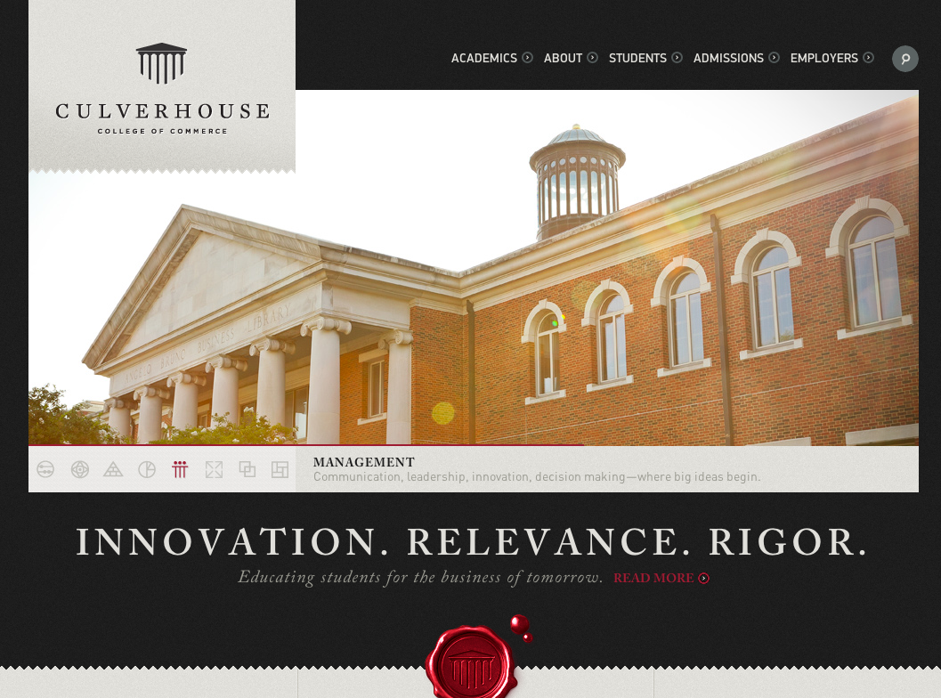 Колледж Коммерции Culverhouse является частью университета Алабамы. Но эта ассоциация не очевидна, пока вы не прокрутите вниз страницы и не увидите логотип университета.