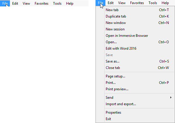 Строка меню Internet Explorer (слева) и файловое меню (справа). Файловое меню представляет собой раскрывающееся меню скрытое под дескриптором "Файл". Опция меню Send дополнительно раскрывается, для отображения подменю.