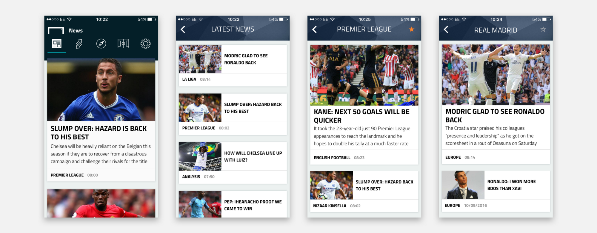 Скриншоты нового приложения Goal.com, в котором представлен карточный интерфейс