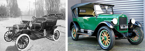 Слева: Ford Model T. Справа: первый автомобиль, спроектированный Департаментом Искусства и Цветов General Motors, Шевроле 1926.