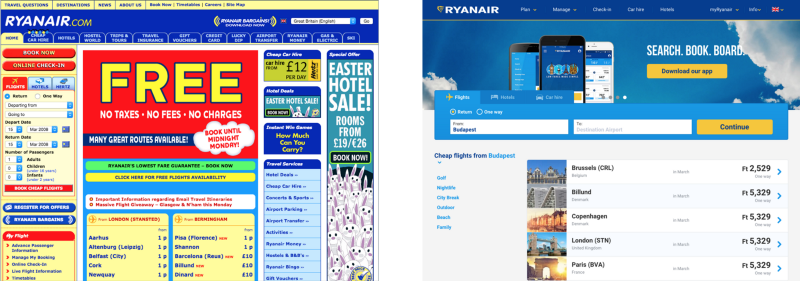 Сайт Ryanair в 2008 и сейчас