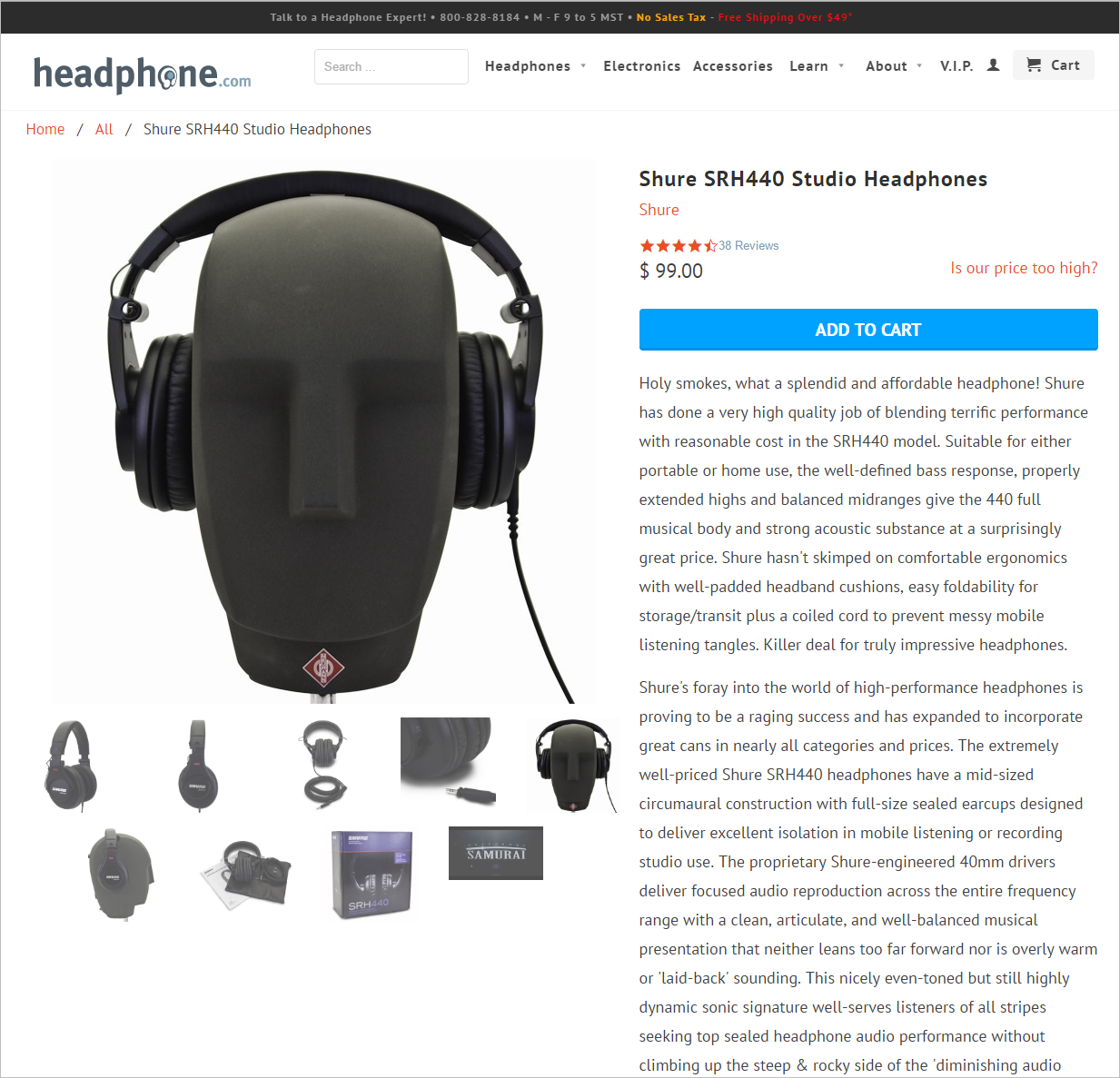 Описание студийных наушников Shure SRH440 на сайте Headphone.com представляет из себя качественный контент, но длина и представление информации (несколько параграфов в узкой колонке), затрудняет нахождение и просмотр важной информации.
