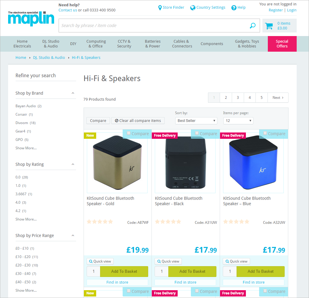 Maplin.com: пользователям не удалось найти Bluetooth колонки, стоящие меньше, чем £50. Вместо этого, им приходилось просматривать каждую секцию товаров, в диапазоне по 10 фунтов (£40–£50, £30–£40), и запоминать, какие из колонок их больше устраивают.