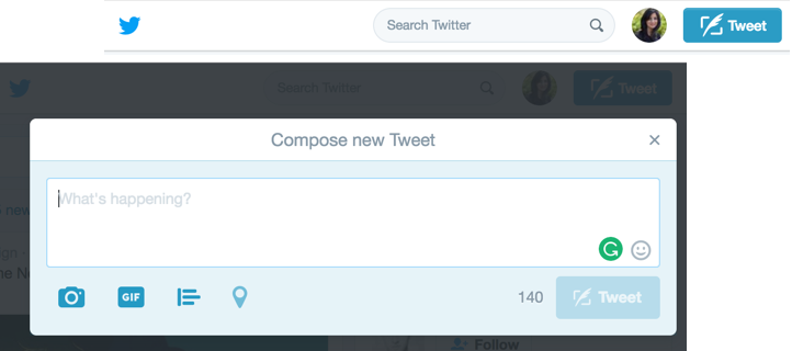 После нажатия на кнопку "Tweet", заголовок "Compose new Tweet" предоставляет контекст.
